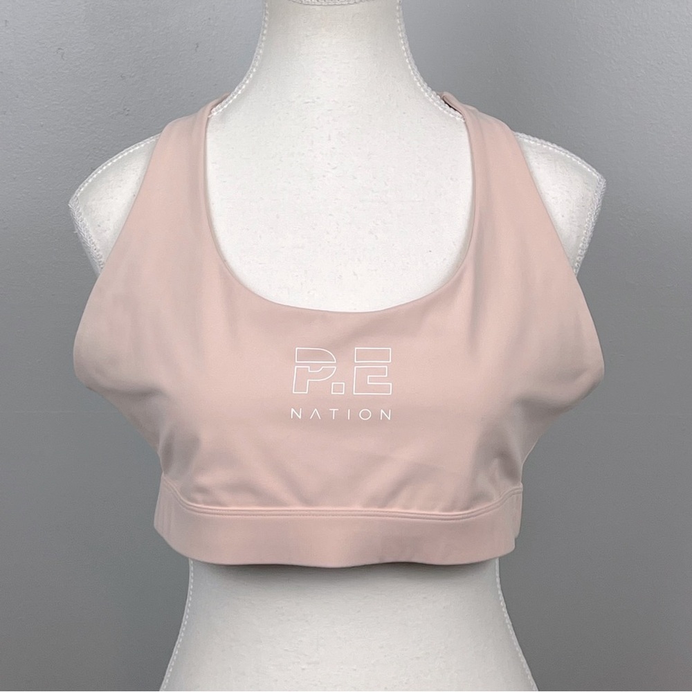 P.E Nation blush racerback front logo sports bra, XL.